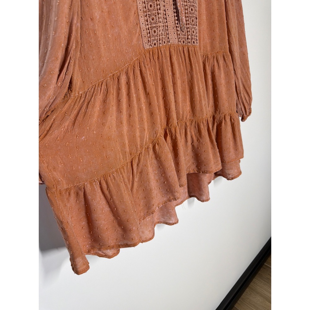 Cato XL Terracotta Boho Crochet Lace Trim Swiss Dot Tiered Ruffle Tunic Top - Picture 5 of 10